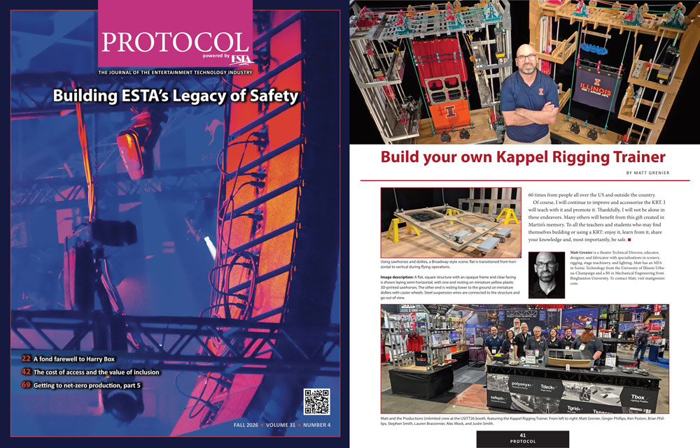 Image of front cover of Protocol magazine Fall 2026 edition side by side with the first page of the Kappel Rigging Trainer article.